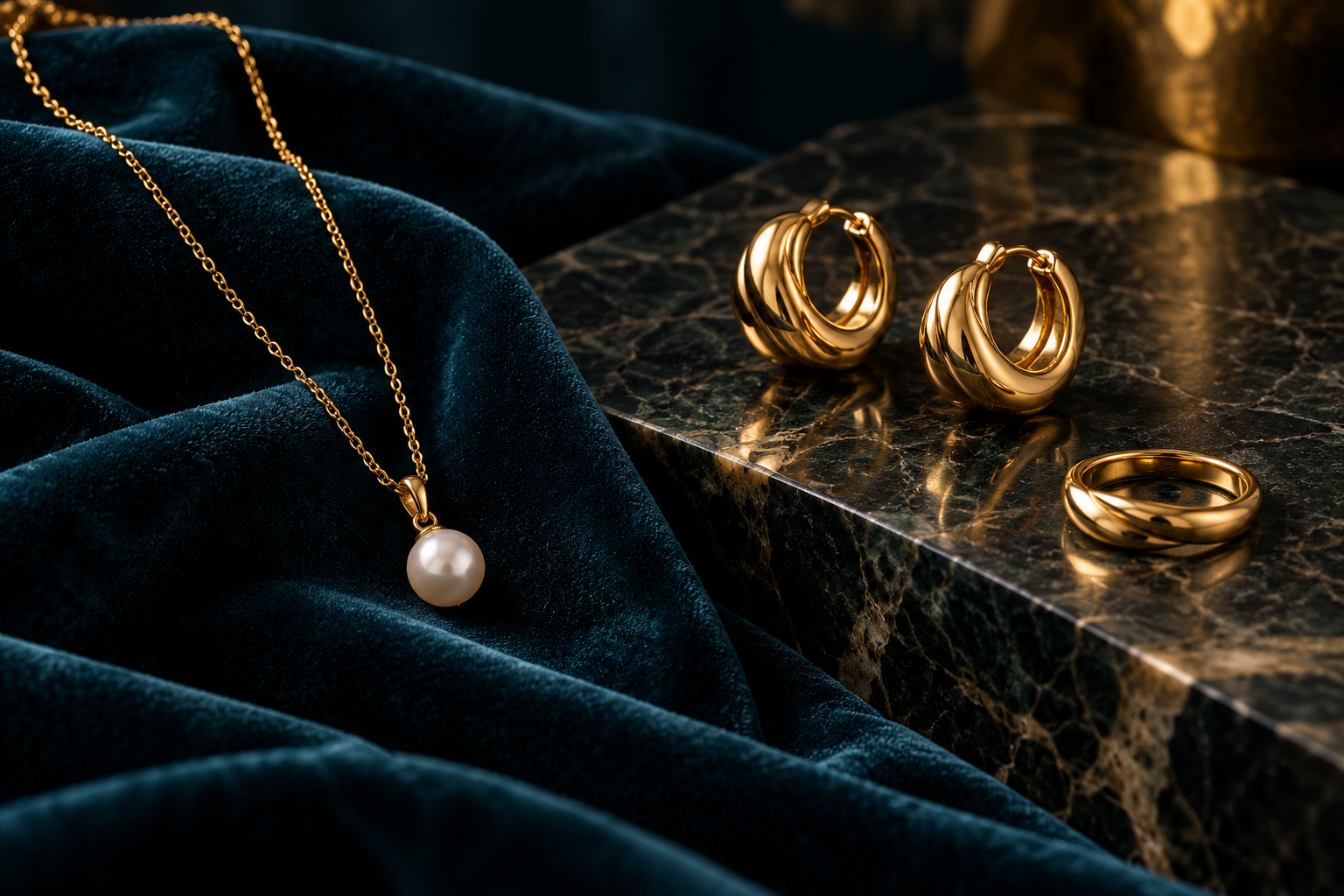 Fine gold and silver jewellery, thoughtfully arranged in soft golden light